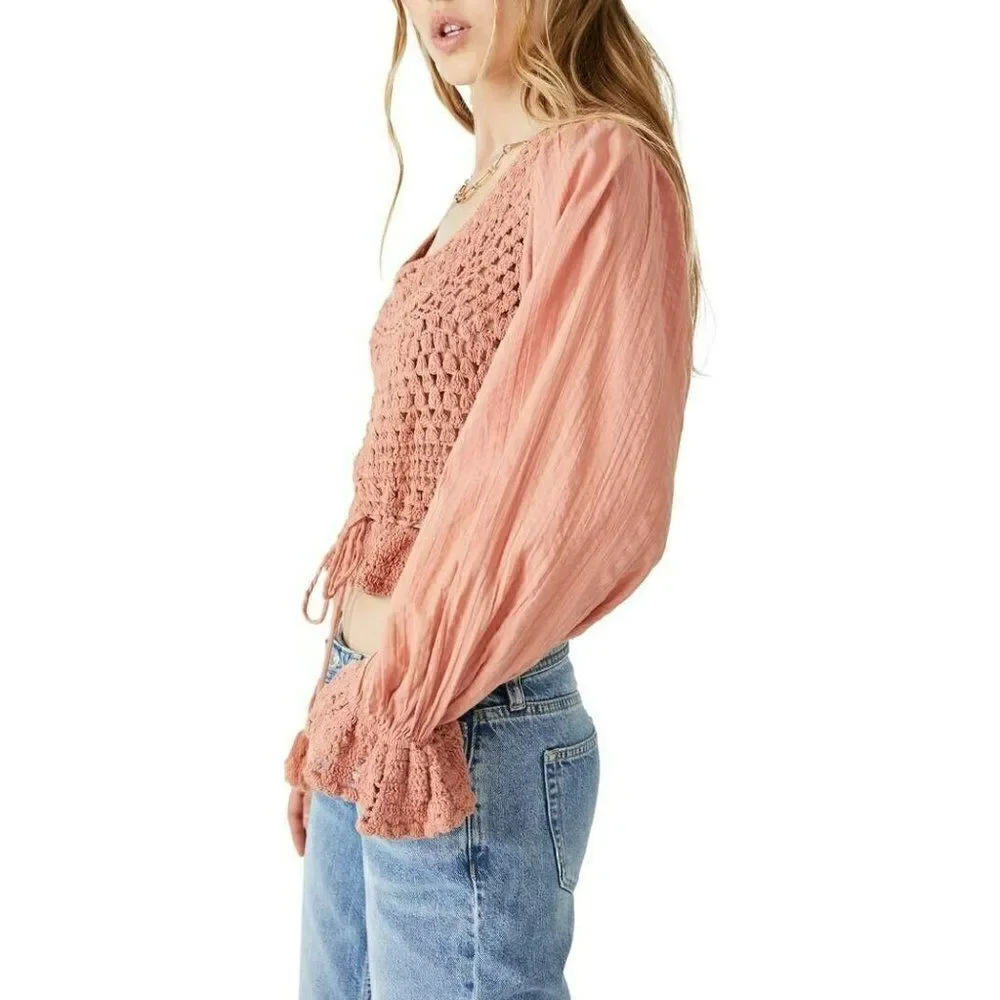 NWT FREE PEOPLE -‎ M - Megan Crochet Top in Coral Sand